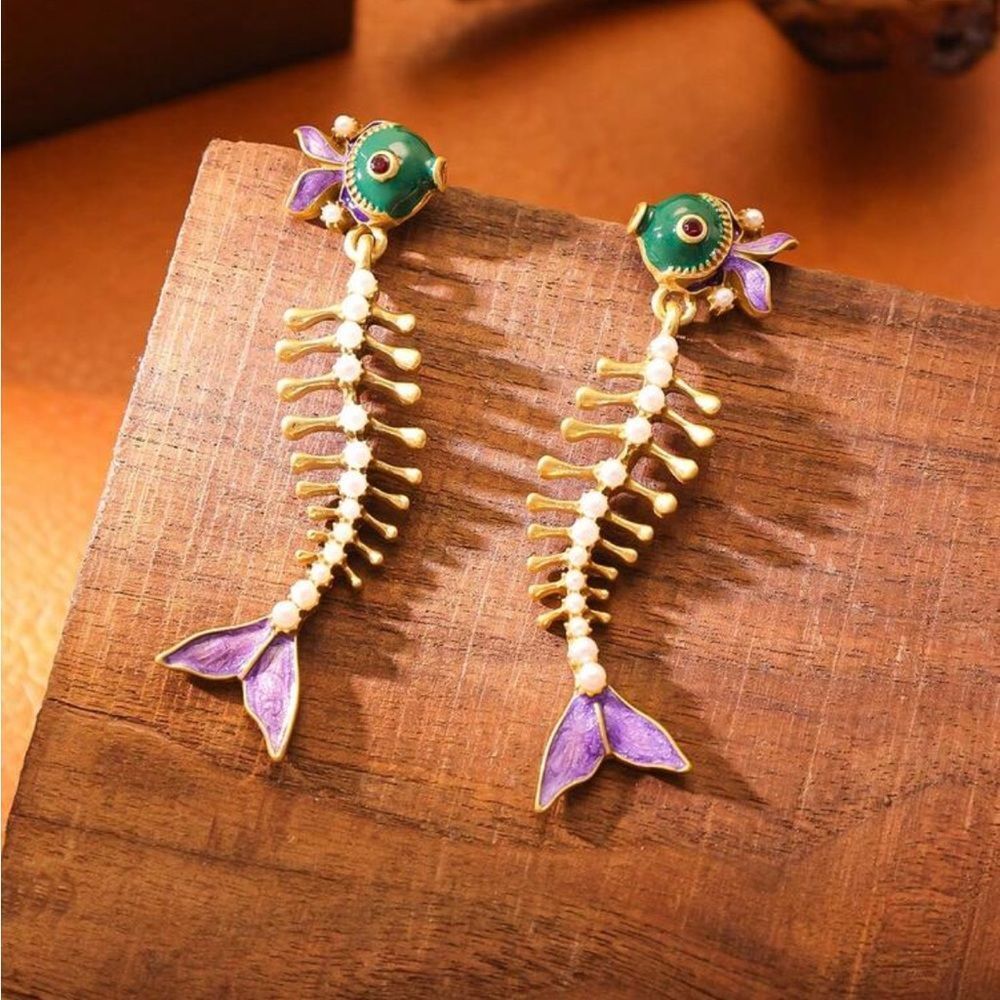 Gold and Purple Fishbone Earrings R323